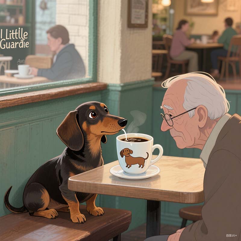 An adorable dachshund dog named Little Coffee curled up in the corner of a cozy café.