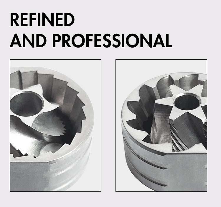 Close-up of the AC90's CNC-machined stainless steel burr