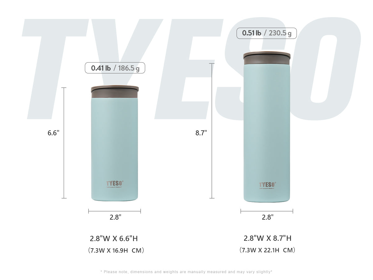 Specifications chart showing dimensions for two tumbler sizes