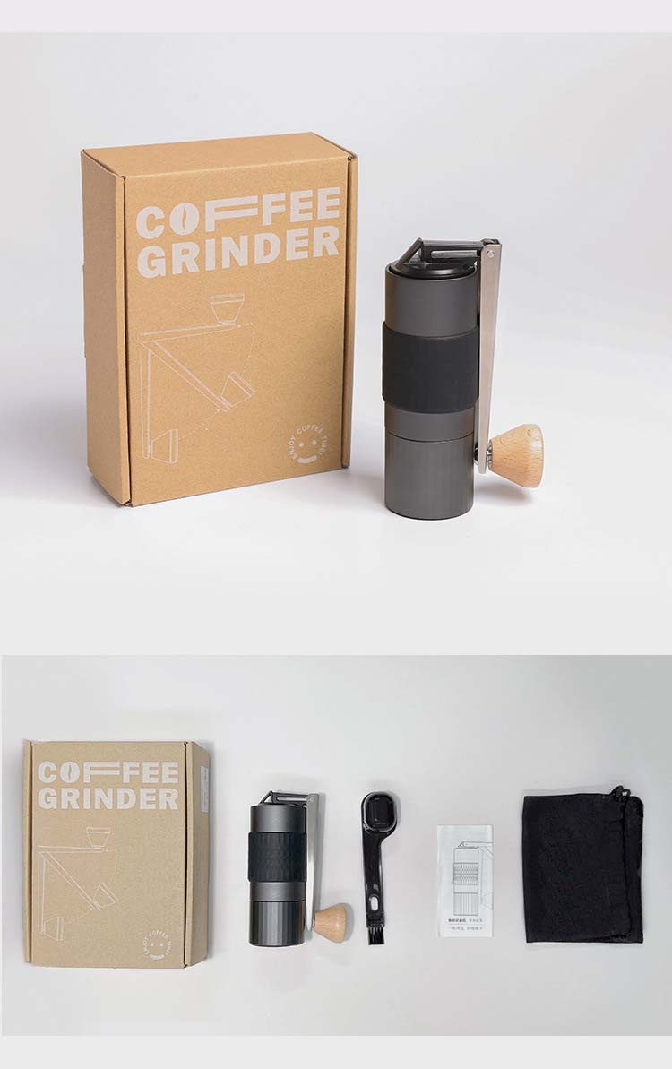 Package contents of the AC90 grinder, including the grinder, pouch, and manual