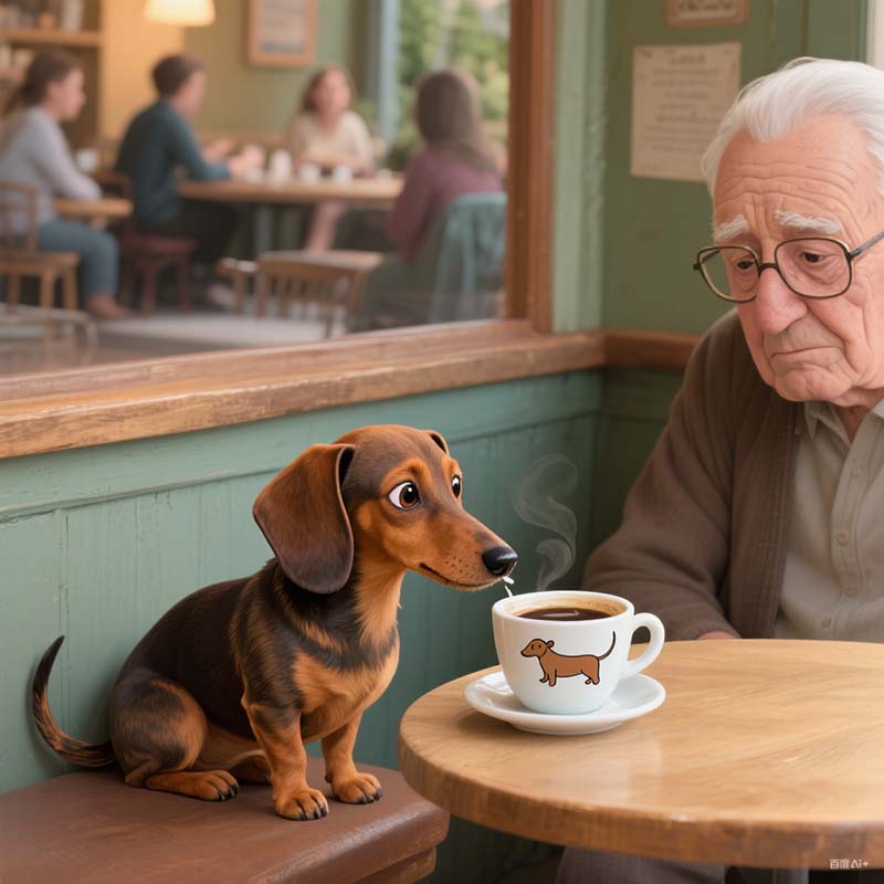 A close-up of the special coffee cup with a painting of a dachshund dog on it.