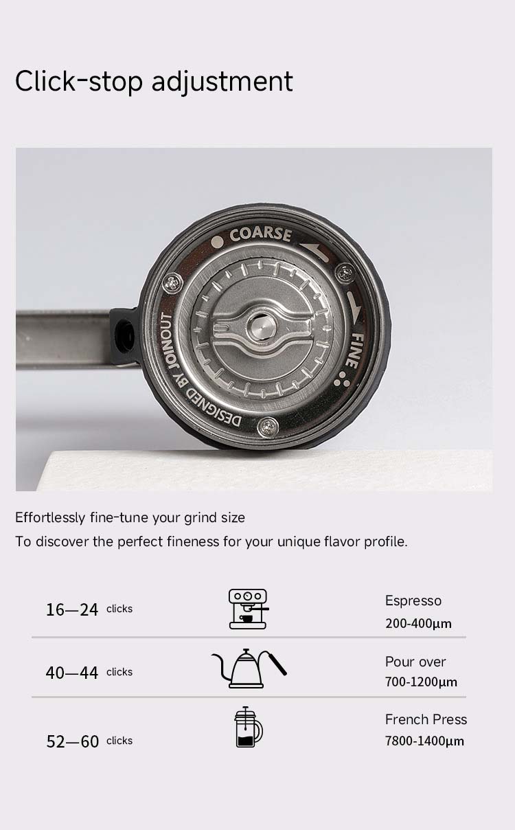 Grind adjustment guide for Espresso, Pour Over, and French Press