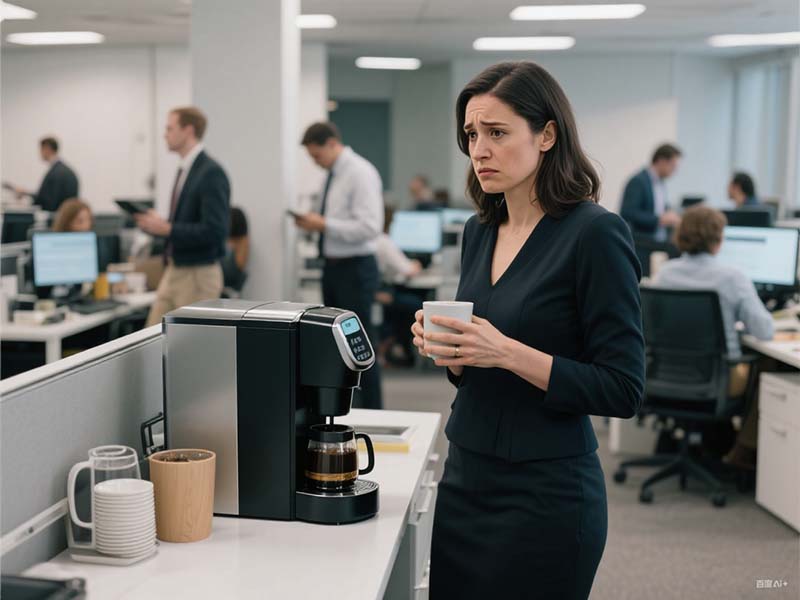A split image showing a cluttered desk with notifications on one side, and hands calmly grinding coffee on the other.